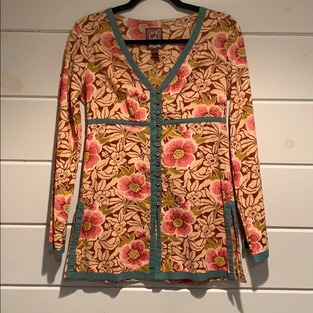 Lucky Brand Floral V-Neck Tunic Cardigan in Pink, Teal, Tan
